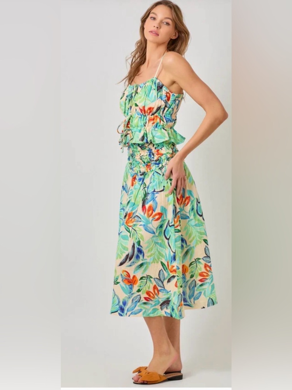 Mystree Mint Green Tropical Floral Tiered Midi Skirt and Top
